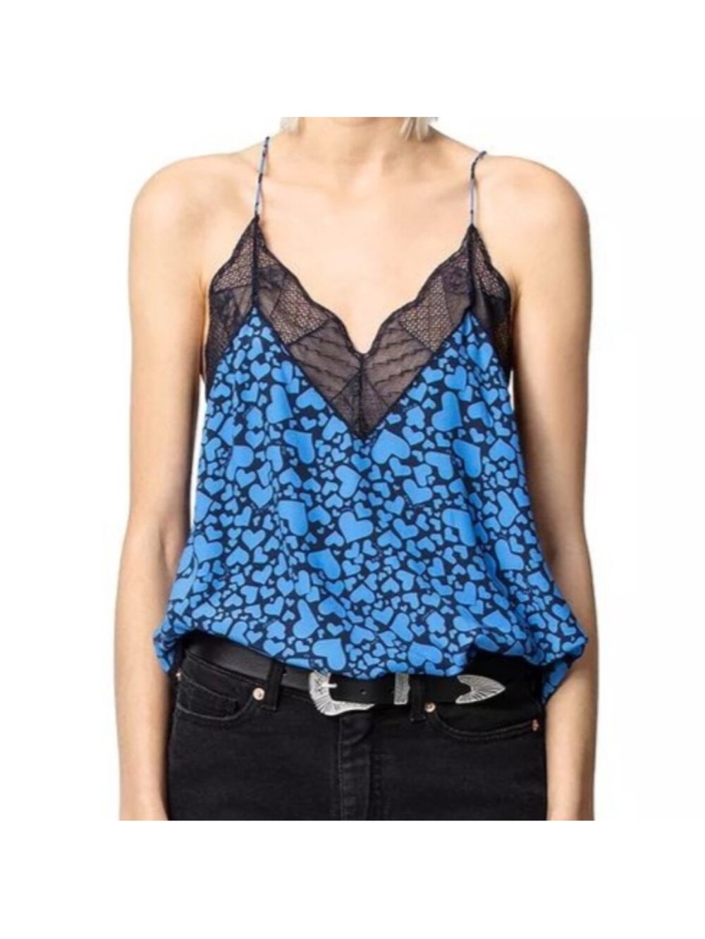 Zadig & Voltaire Christy Print Lace Trim Silk camisole in bluete